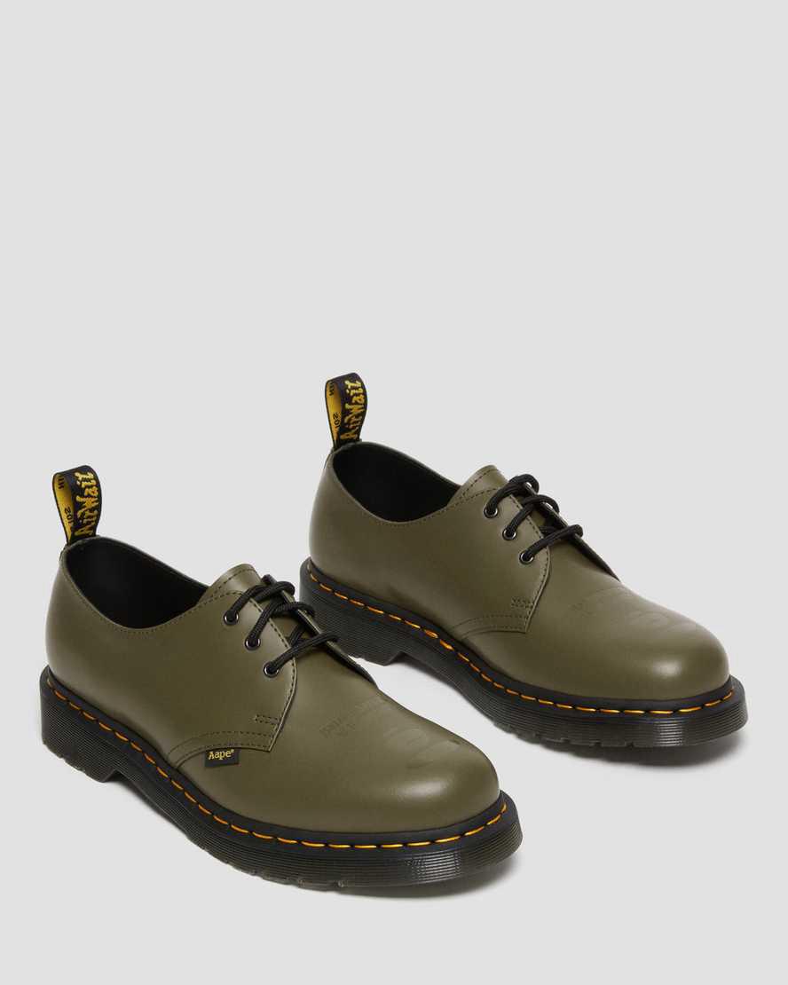 Dr Martens 1461 AAPE Smooth Leather Oxfords Schuhe Damen Olivgrün Grün | 349621-SGB