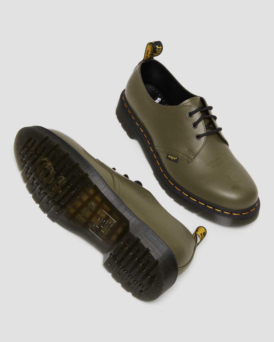 Dr Martens 1461 AAPE Smooth Leather Oxfords Schuhe Damen Olivgrün Grün | 349621-SGB