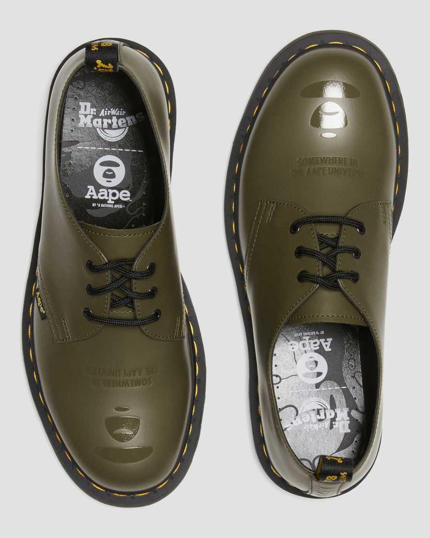 Dr Martens 1461 AAPE Smooth Leather Oxfords Schuhe Damen Olivgrün Grün | 349621-SGB