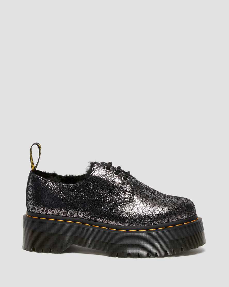 Dr Martens 1461 Faux Fur-Lined Metallic Leather Platform Winterstiefel Damen Schwarz | 297380-GZR