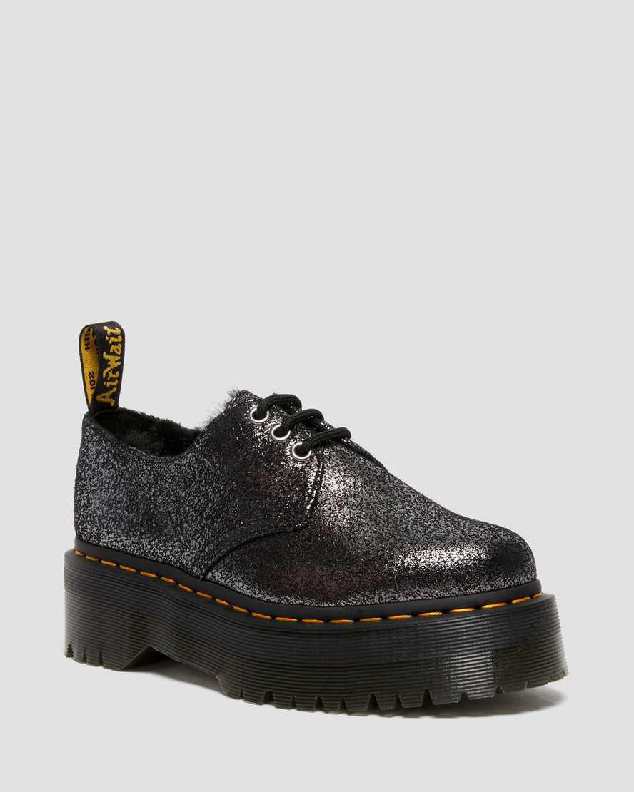 Dr Martens 1461 Faux Fur-Lined Metallic Leather Platform Winterstiefel Damen Schwarz | 297380-GZR