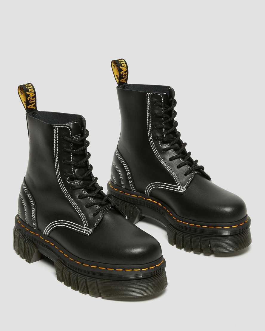 Dr Martens Audrick White Stitch Leather Lace Up Plateau Stiefel Damen Schwarz | 490812-TWI