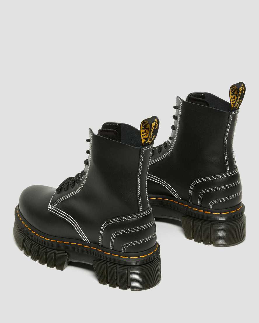 Dr Martens Audrick White Stitch Leather Lace Up Plateau Stiefel Damen Schwarz | 490812-TWI