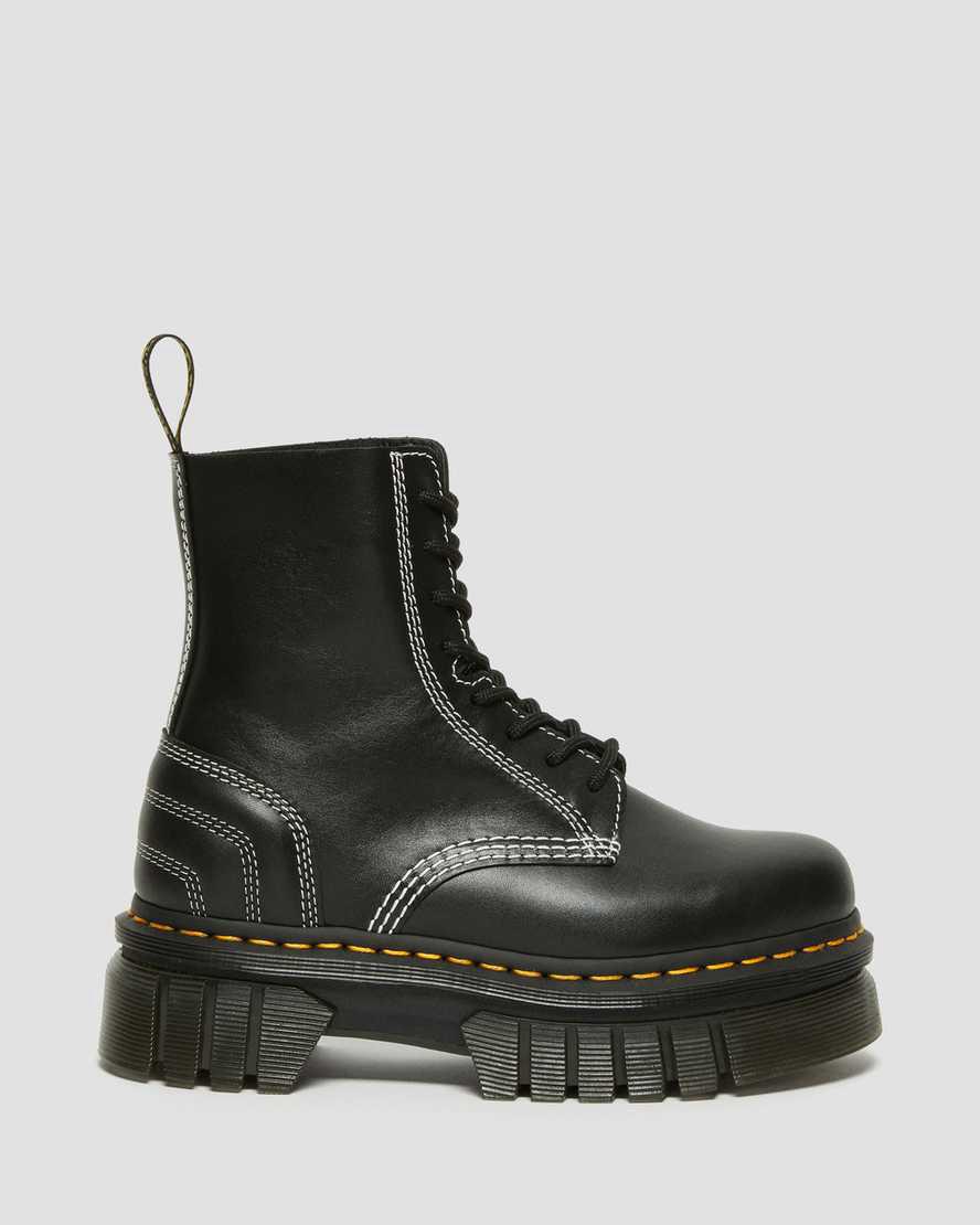 Dr Martens Audrick White Stitch Leather Lace Up Plateau Stiefel Damen Schwarz | 490812-TWI