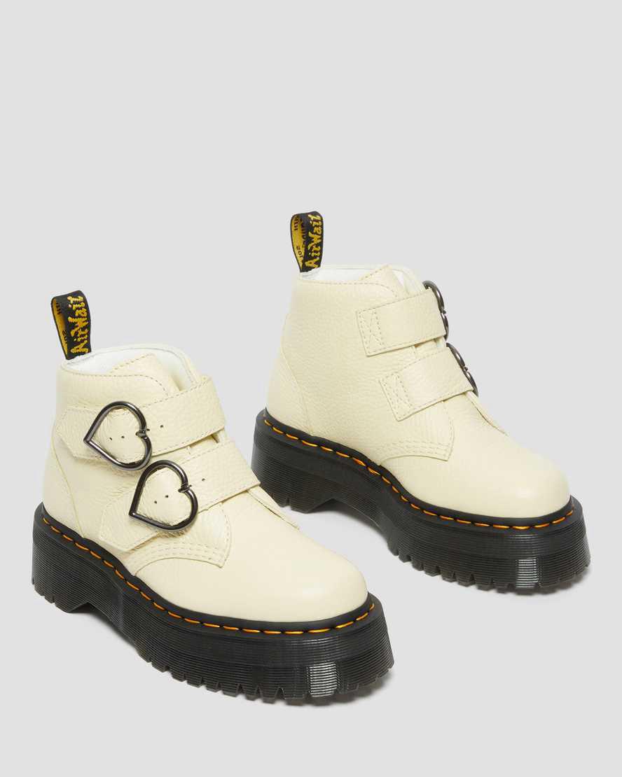 Dr Martens Devon Heart Leather Platform Stiefeletten Damen Braun Weiß | 149052-CJZ