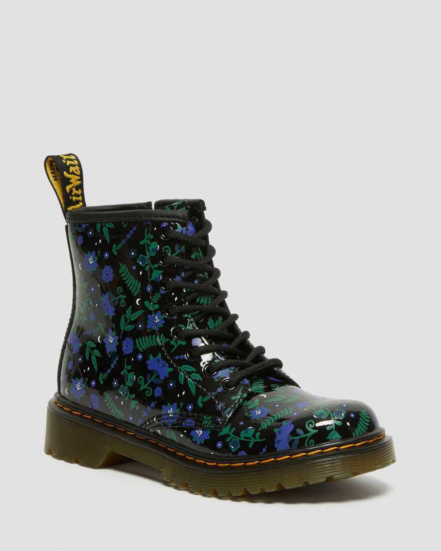 Dr Martens Junior 1460 Mystic Floral Patent Schnürstiefel Kinder Schwarz | 756840-ISN