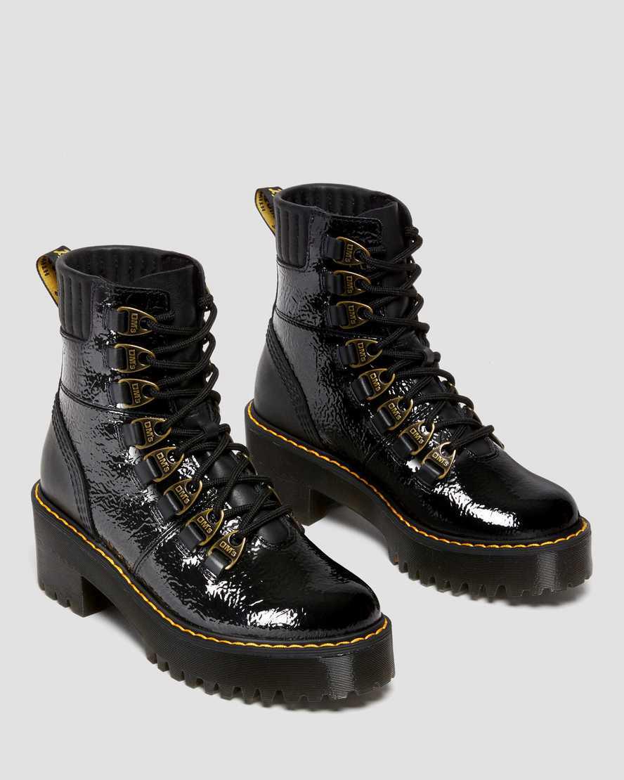 Dr Martens Laurenne Distressed Patent Leather Lace Up Stiefel mit Absatz Damen Schwarz | 651834-VZL