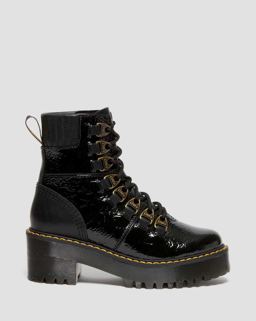 Dr Martens Laurenne Distressed Patent Leather Lace Up Stiefel mit Absatz Damen Schwarz | 651834-VZL