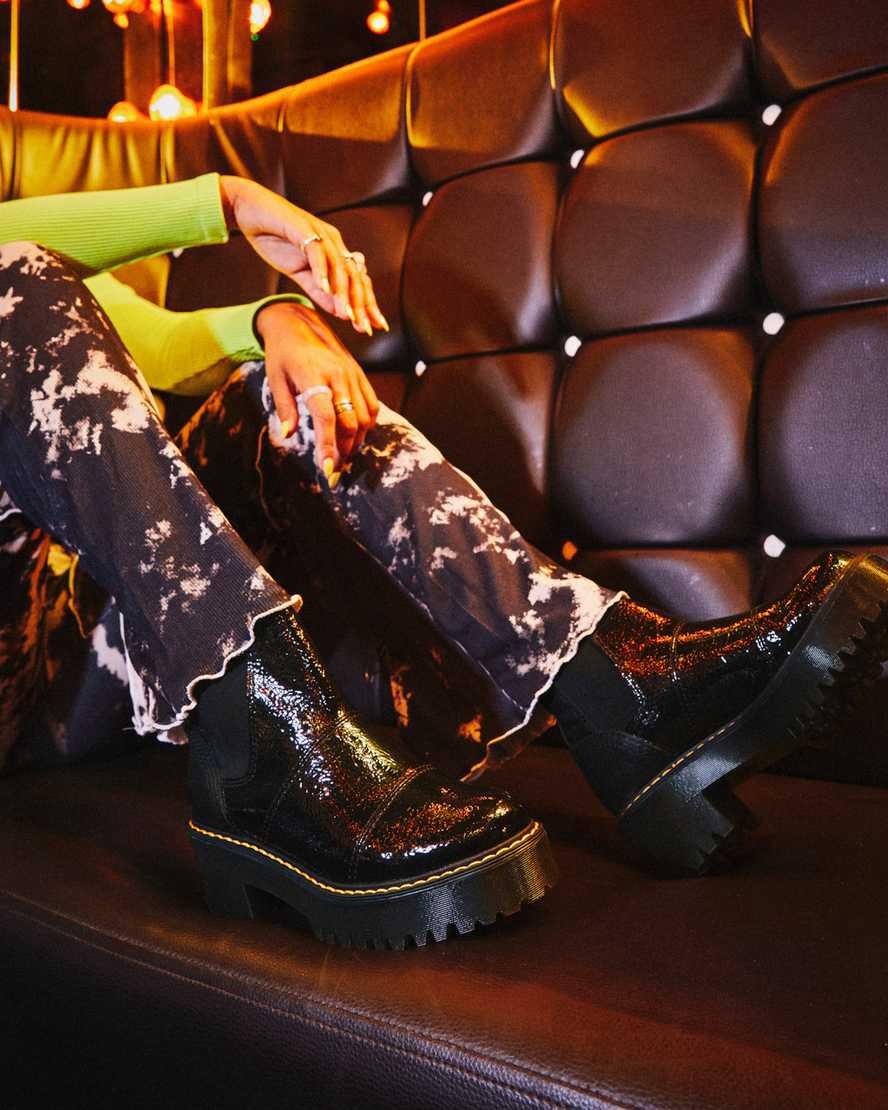 Dr Martens Rozalie Distressed Patent Heeled Chelsea Stiefeletten Damen Schwarz | 853617-ZEL