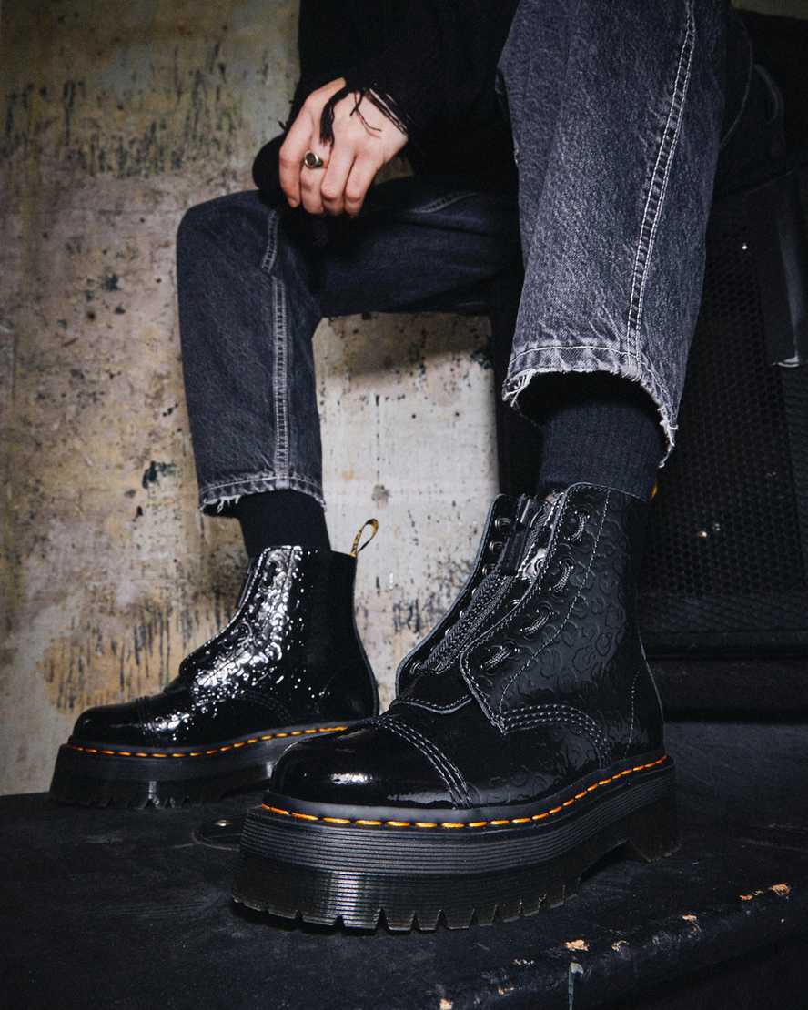Dr Martens Sinclair Leopard Emboss Patent Leather Plateau Stiefel Damen Schwarz | 346218-SFD