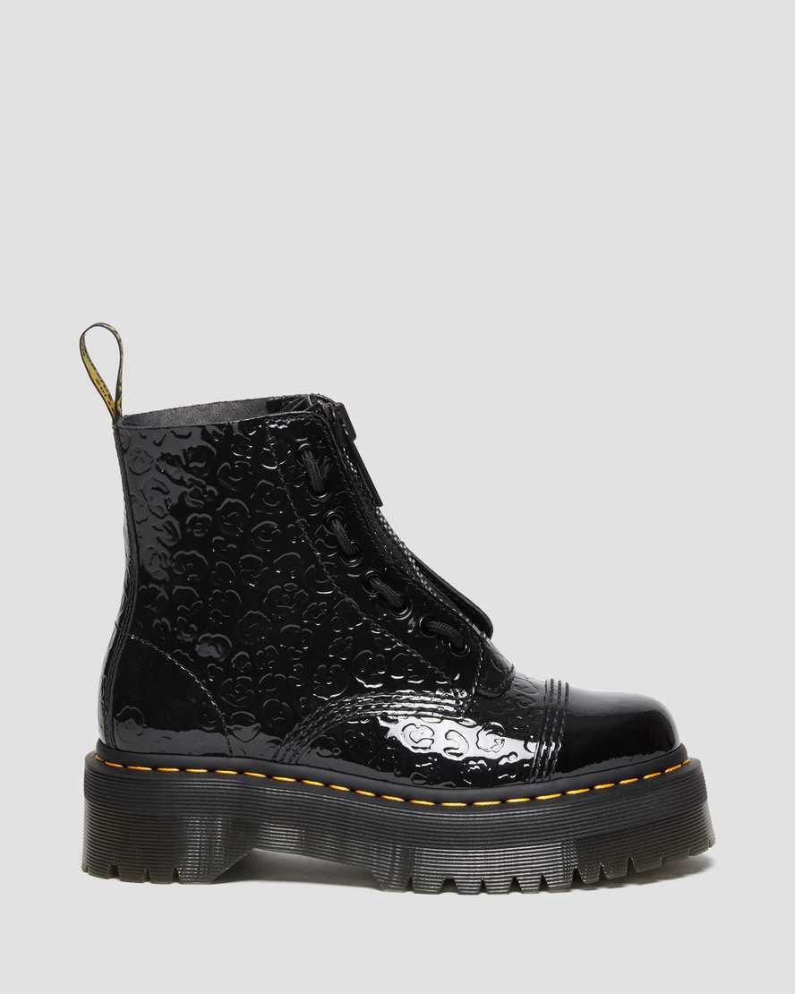 Dr Martens Sinclair Leopard Emboss Patent Leather Plateau Stiefel Damen Schwarz | 346218-SFD