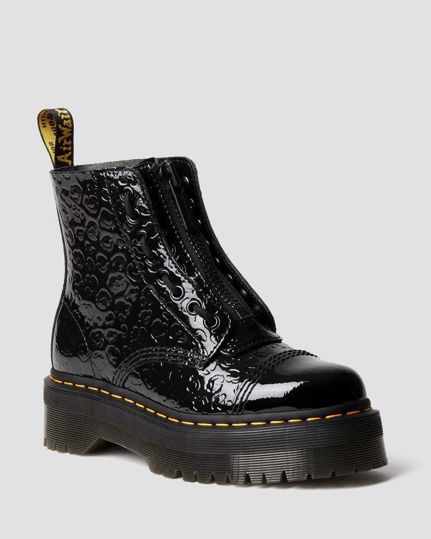 Dr Martens Sinclair Leopard Emboss Patent Leather Plateau Stiefel Damen Schwarz | 346218-SFD