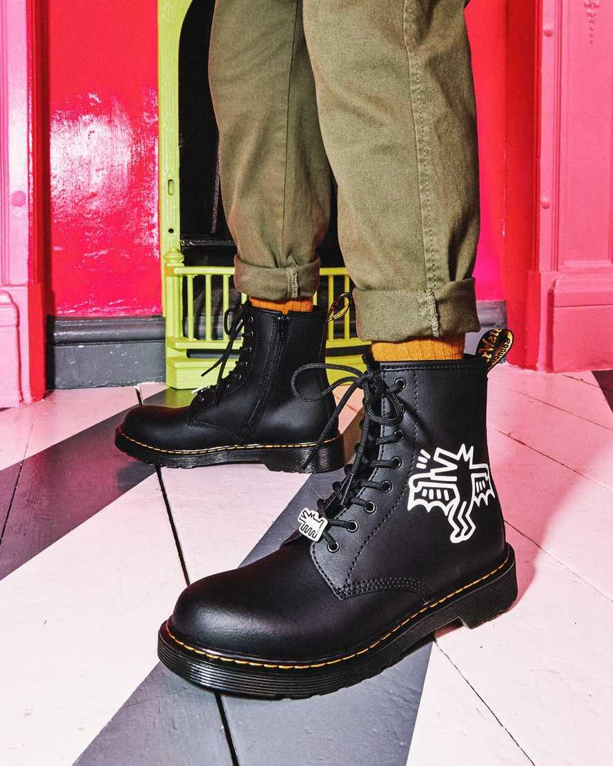 Dr Martens Youth Keith Haring 1460 Leather Schnürstiefel Kinder Black/White | 340786-RAE