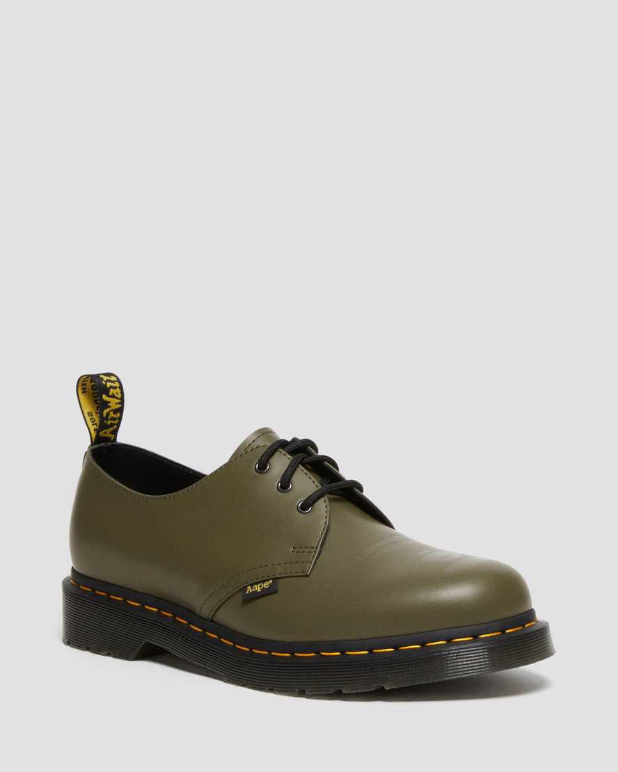 Dr Martens 1461 AAPE Smooth Leather Oxfords Schuhe Damen Olivgrün Grün | 349621-SGB