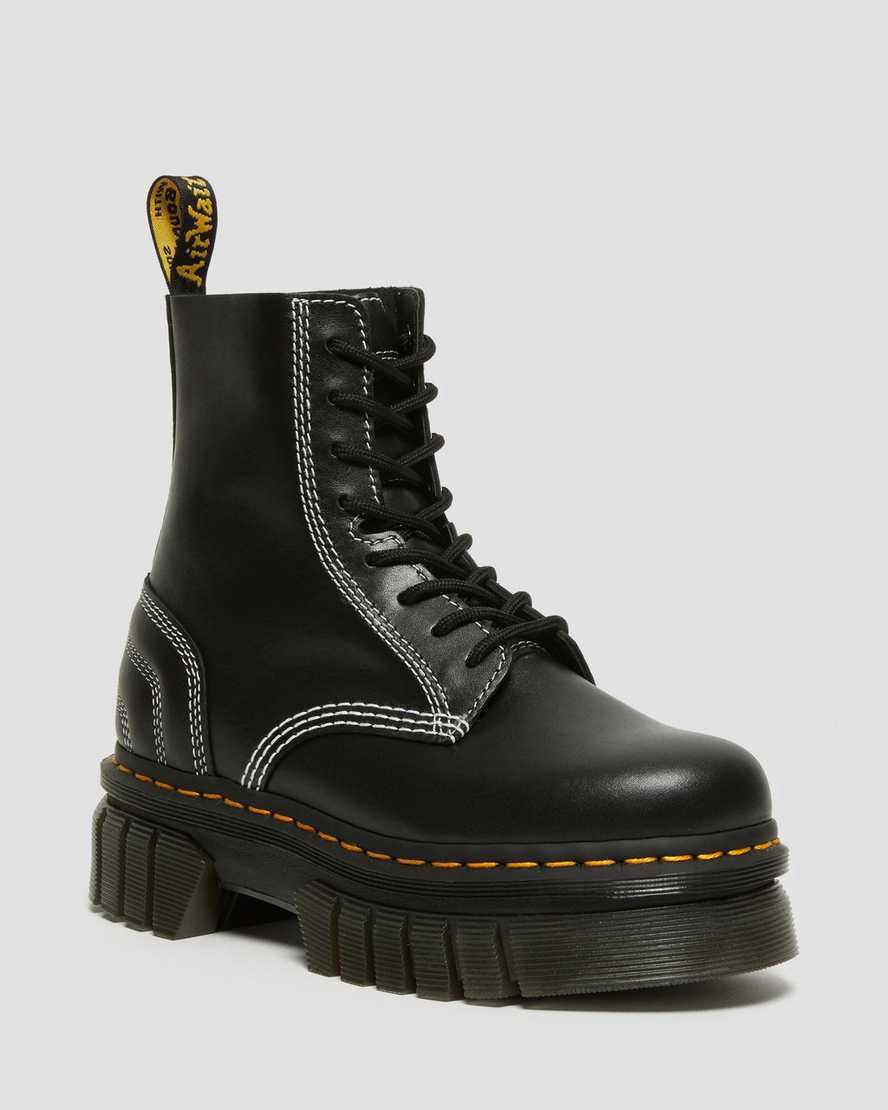 Dr Martens Audrick White Stitch Leather Lace Up Plateau Stiefel Herren Schwarz | 263094-PDI