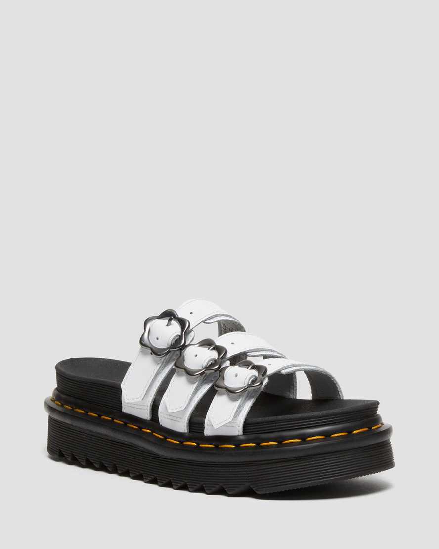 Dr Martens Blaire Flower Buckle Leather Slide Plateau Sandalen Damen Weiß | 293017-YDO