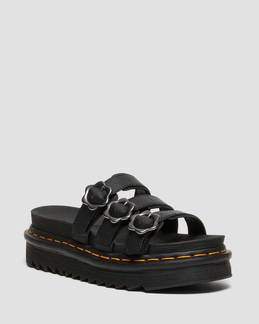 Dr Martens Blaire Flower Buckle Leather Slide Plateau Sandalen Damen Schwarz | 342760-CGN
