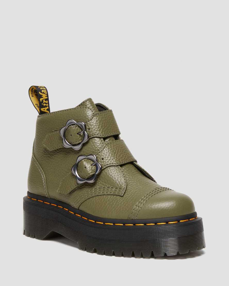 Dr Martens Devon Flower Buckle Leather Plateau Stiefel Damen Khaki Grün | 794368-CUV