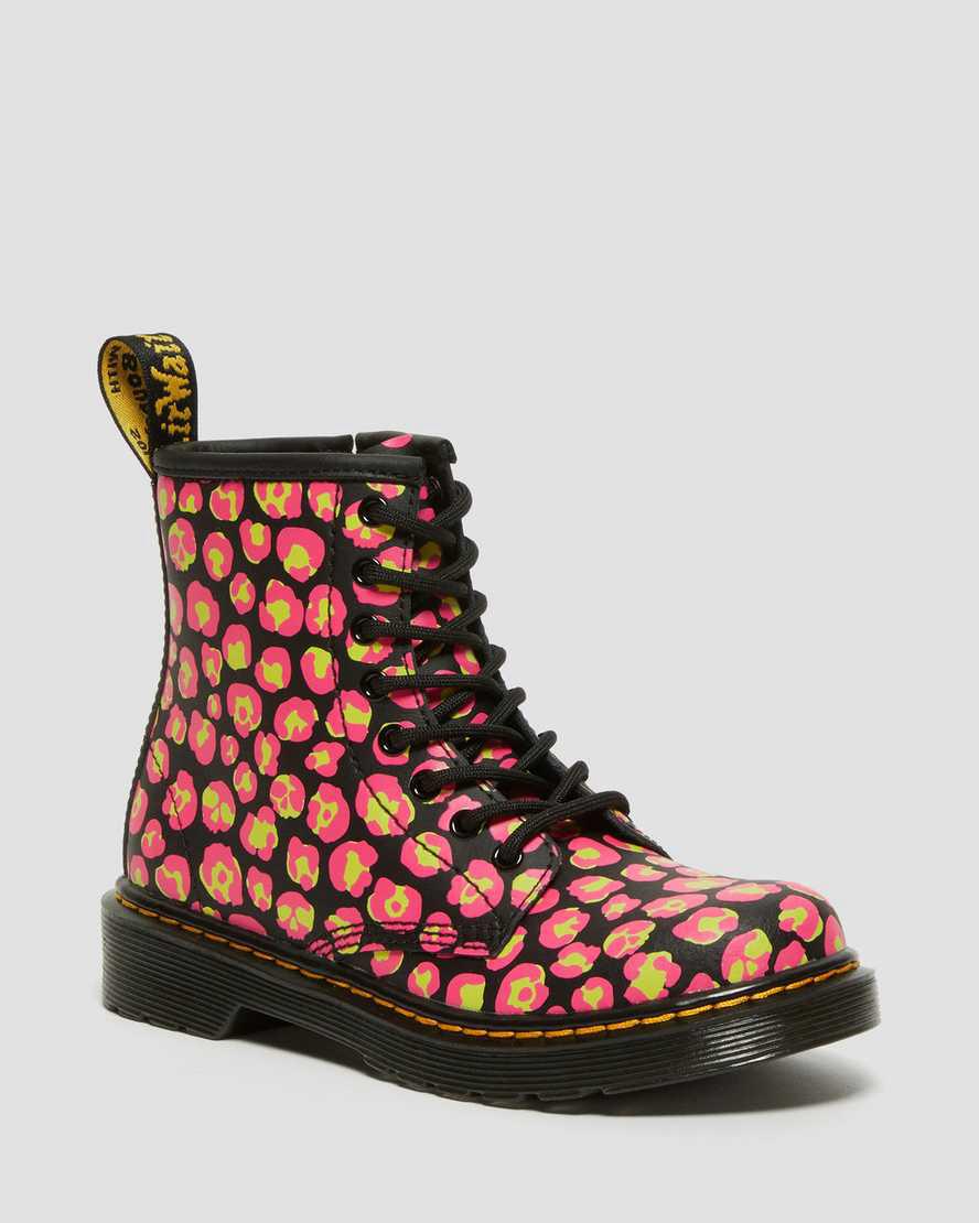 Dr Martens Junior 1460 Leopard Hydro Leather Schnürstiefel Kinder Black/Pink | 062453-RGH