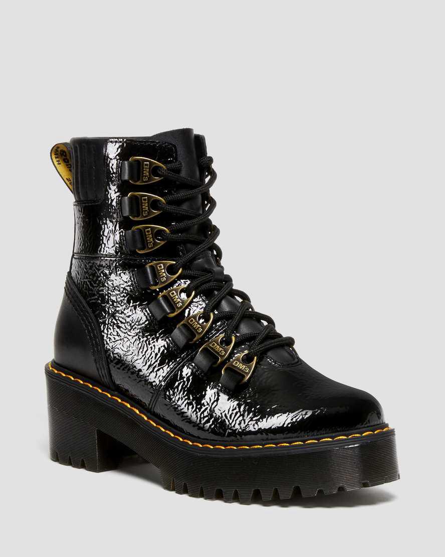 Dr Martens Laurenne Distressed Patent Leather Lace Up Heel Stiefeletten Damen Schwarz | 257690-ACV