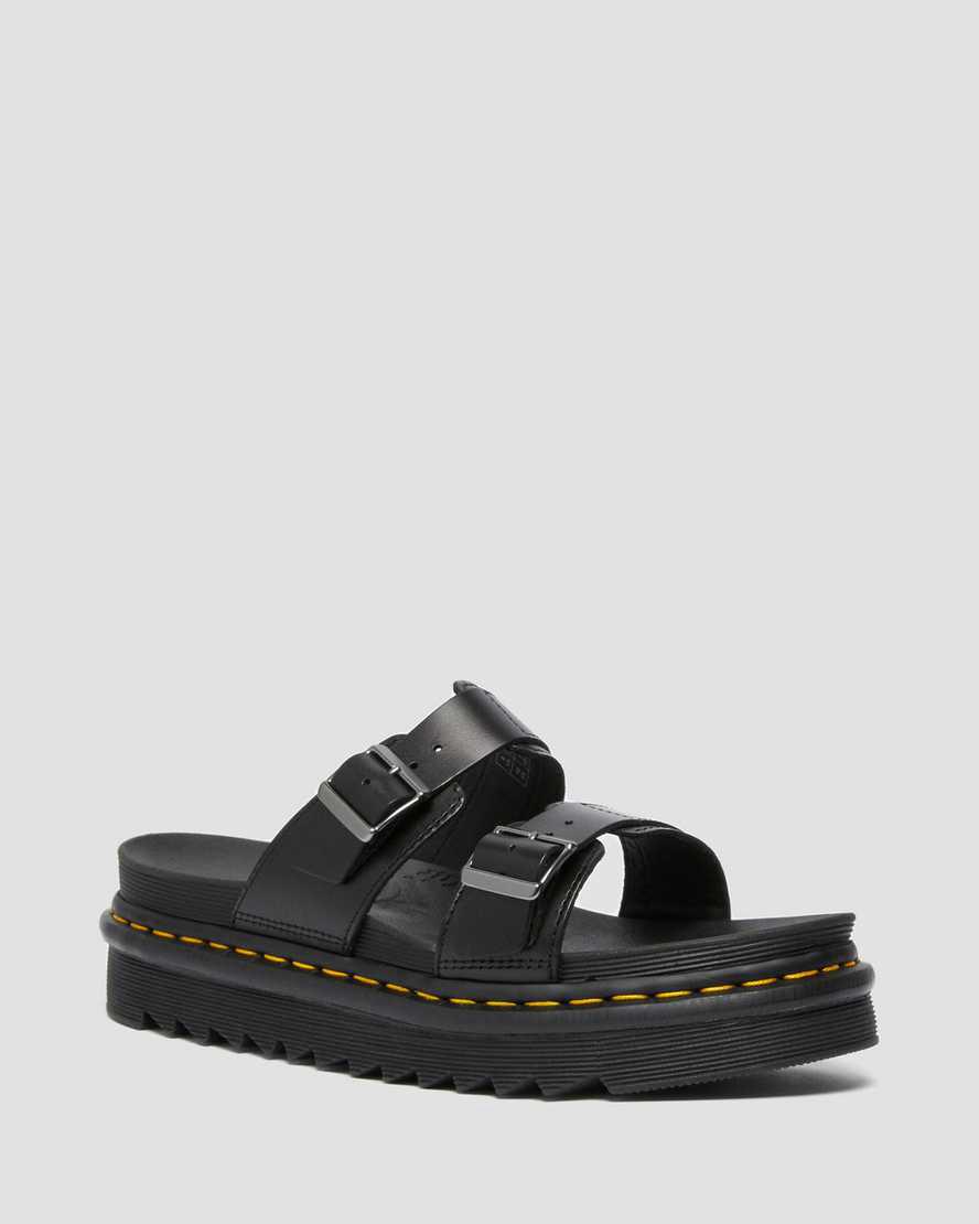 Dr Martens Myles Brando Leather Buckle Slide Plateau Sandalen Damen Schwarz | 593672-XWS