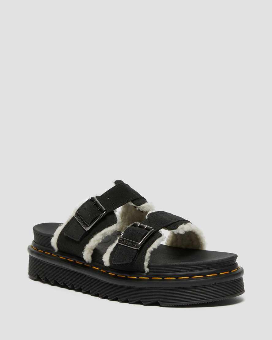 Dr Martens Myles Suede Fur-Lined Buckle Slide Plateau Sandalen Damen Schwarz | 137459-KXN